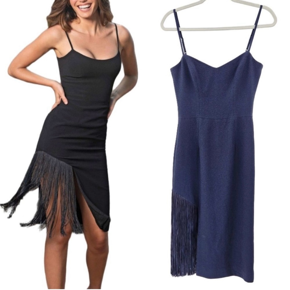 Dress The Population Rory Fringe Midi Cocktail Dress Navy Small